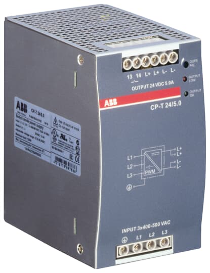 ABB Electrification Switching Power Supply; CP-T 24/5.0; 24VDC OUT; 120W; 340-575VAC / 480-820VDC IN; 3-Phase; DIN Rail Mount